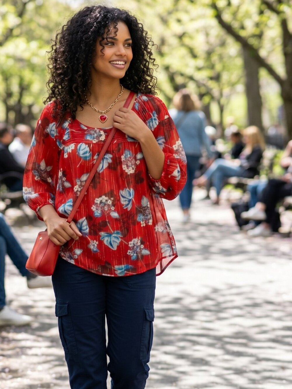 LC Lauren Conrad Pintuck Red Floral Peasant Semi-Sheer Blouse Sz L Like New